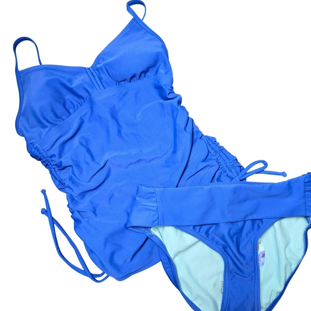NWT Prana XS Solid Blue Tankini Set Ruched Side Tie Swim UPF 50